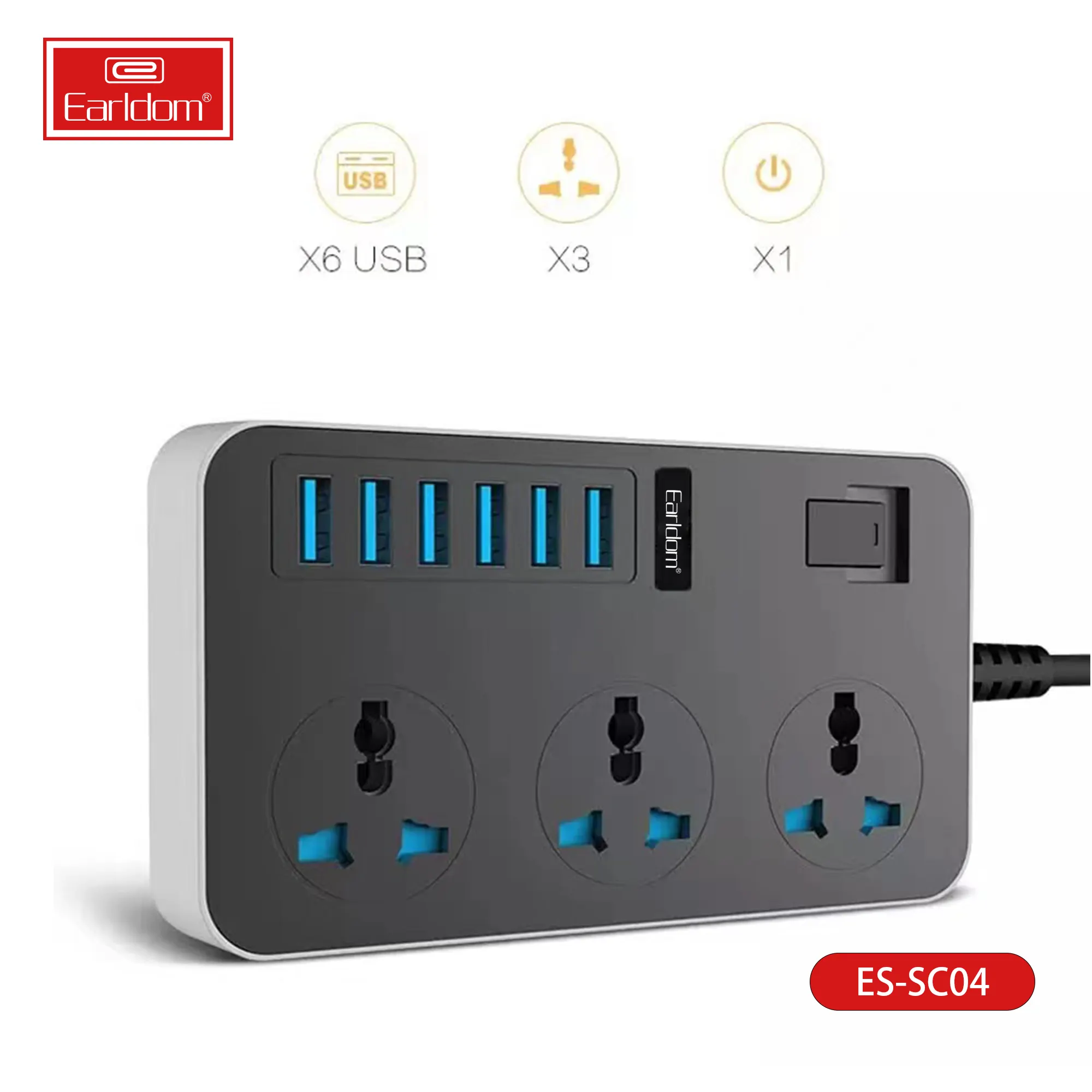 Multiprise 3,1 A avec 3 prises CA et 6 ports USB Earldom 